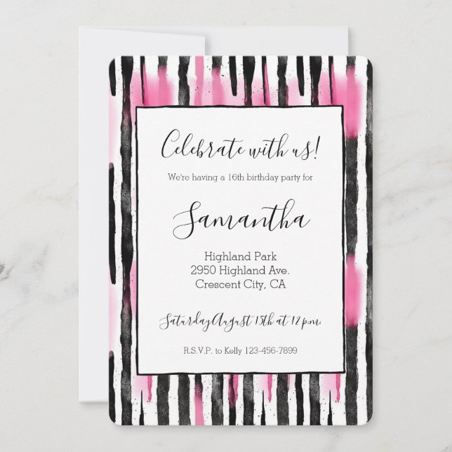 Girly Pink White Black Zebra Stripes Invitation (Front)