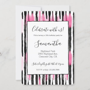 Girly Pink White Black Zebra Stripes Invitation