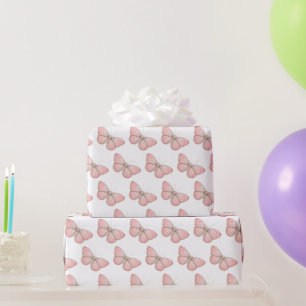Girly Pink White Butterflies Birthday Wrapping Paper