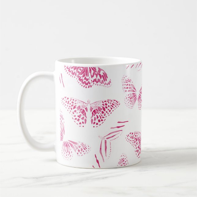 Girly Pink White Butterflies Watercolor Pattern Coffee Mug (Left)