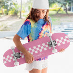 Girly Pink White Chequered Racing Flag Monogram Skateboard<br><div class="desc">Create your own custom, personalized, modern, cool, stylish, girly pink and white checks checkers chequered chequerboard geometric racing flag pattern, classy elegant typography script, best quality hard-rock maple competition shaped skateboard deck. To customize, simply type in your name / monogram / initials. While you add / design, you'll be able...</div>
