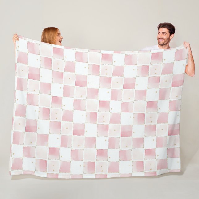 Girly Pink White Chic Squares Fleece Blanket (In Situ)