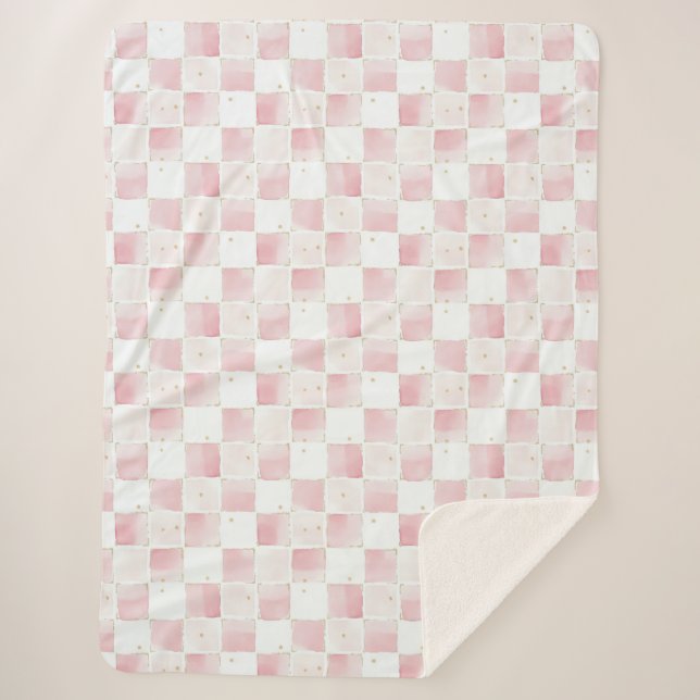 Girly Pink White Chic Squares Sherpa Blanket (Front)