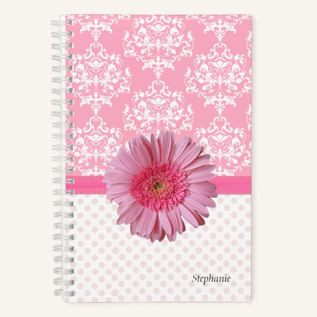 Girly Pink & White Damask Notebook (Front)