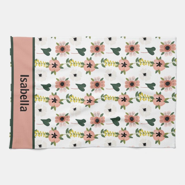 Girly Pink White Flowers Botanical Pattern Name  Kitchen Towel (Horizontal)