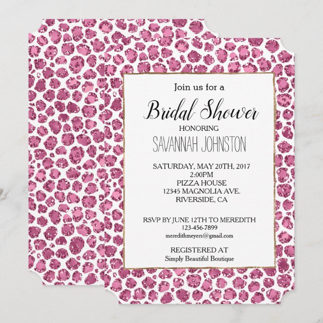 Girly Pink White Glam Glitter Leopard Print   Invitation (Front/Back)