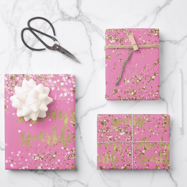 Girly Pink White Gold Confetti Sparkle Wrapping Paper Sheet (Front)