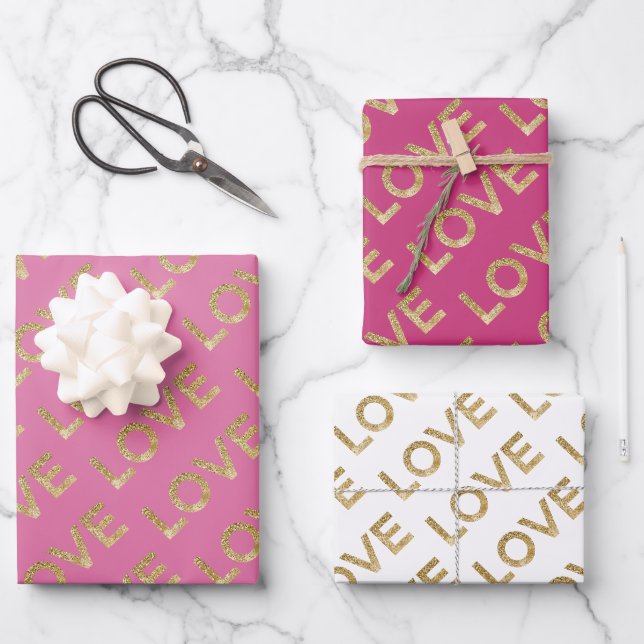 Girly Pink White Gold Glitz White Love Wrapping Paper Sheet (Front)