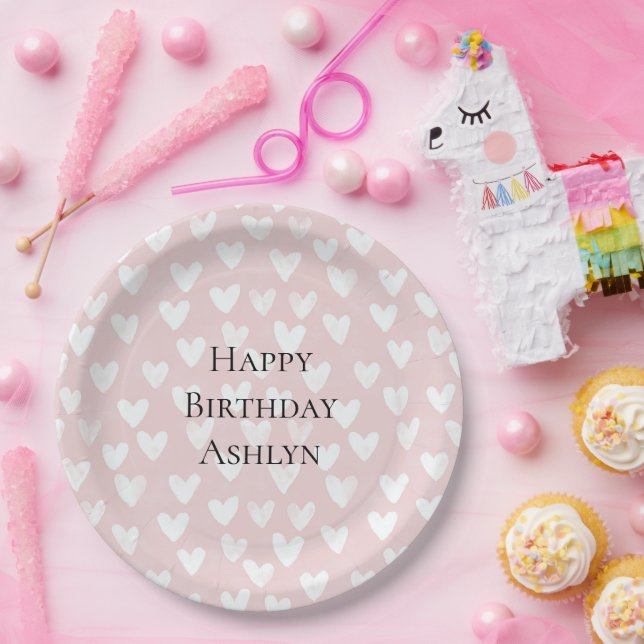 Girly Pink White Hearts Birthday Paper Plate (Party)