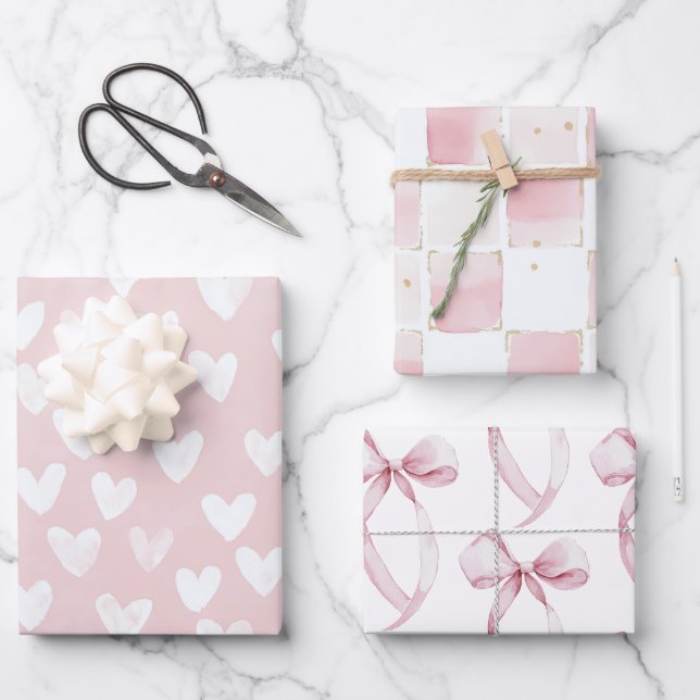 Girly Pink White Hearts Birthday Wrapping Paper Sheet (Front)