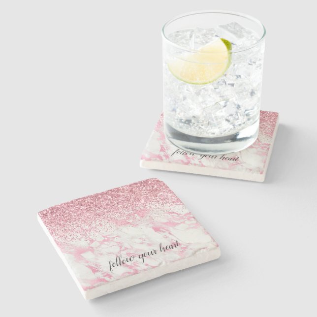 Girly Pink White Marble Glitter Stone Coaster (Side)
