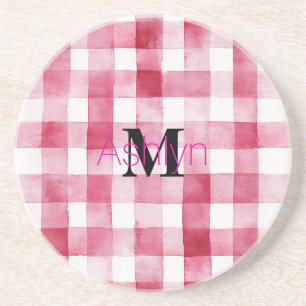 Girly Pink White Plaid Stripes Monogram  Coaster