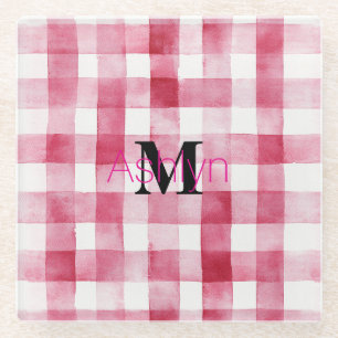 Girly Pink White Plaid Stripes Monogram  Glass Coaster