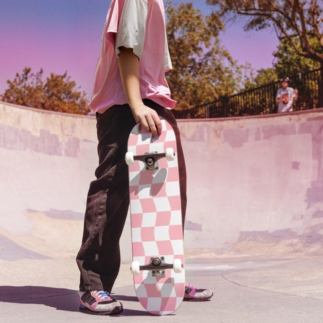 Girly Pink White Retro Chequered Pattern Skateboard (Creator Uploaded)