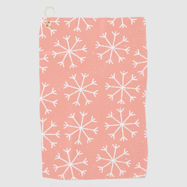 Girly Pink White Snowflake Pattern Golf Towel (Front)