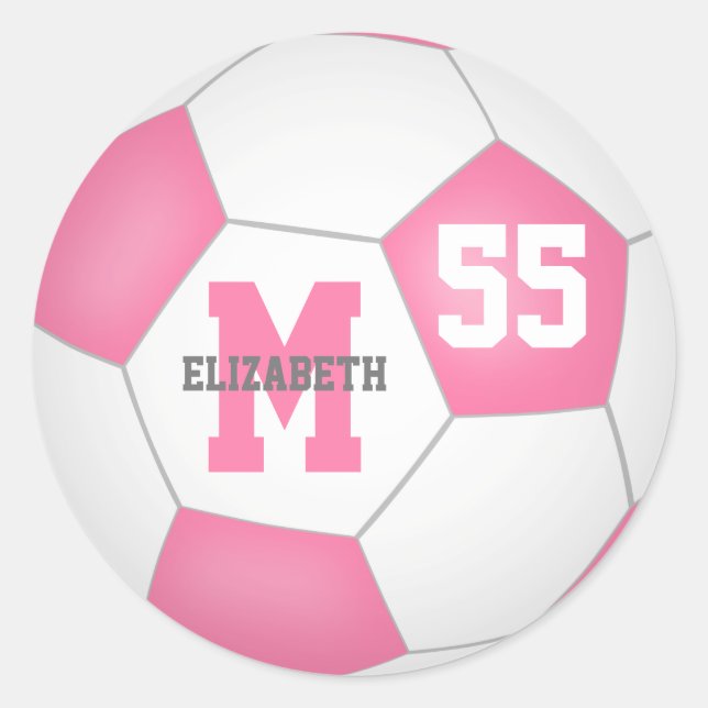 girly pink white soccer ball personalized classic round sticker (Front)