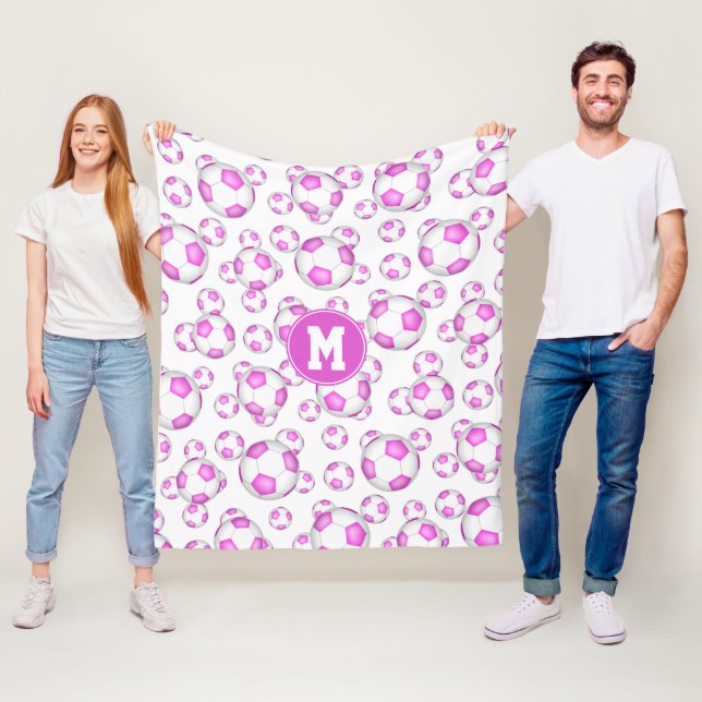 girly pink white soccer balls pattern monogrammed fleece blanket (In Situ)