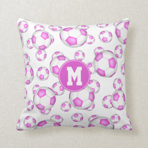 girly pink white soccer balls pattern monogrammed throw pillow