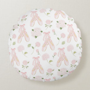 Girly Pink White Stripes Ballet Shoes Floral Round Pillow