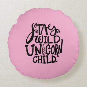Girly Pink Wild Unicorn Round Pillow