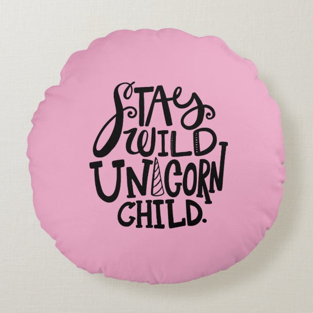 Girly Pink Wild Unicorn Round Pillow (Front)
