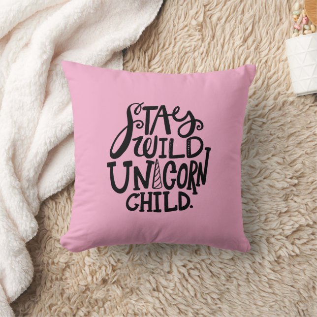 Girly Pink Wild Unicorn Throw Pillow (Blanket)