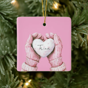 Girly Pink Winter Gloves White Heart Ceramic Ornament