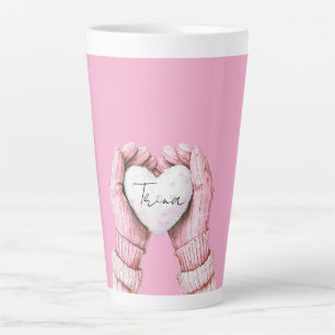 Girly Pink Winter Gloves White Heart Latte Mug