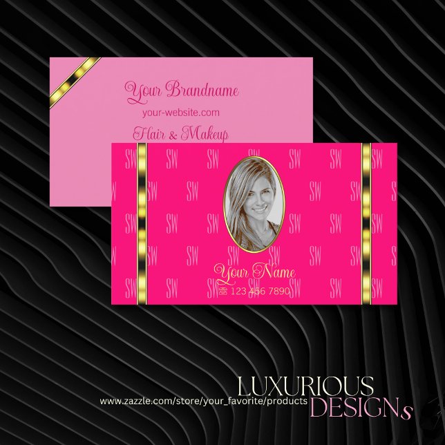 Girly Pink with Photo Patterned Letters Gold Decor Business Card (Creator Uploaded)