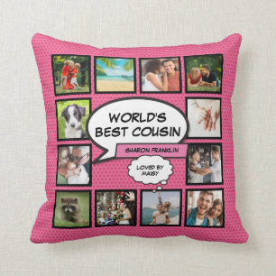 Girly Pink World's Best Cousin Fun Photo Collage Throw Pillow