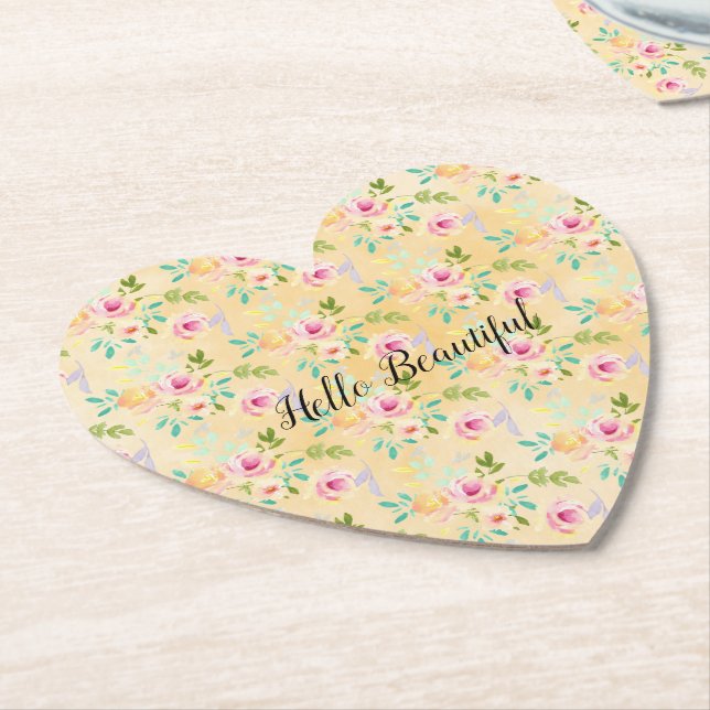 Girly Pink Yellow Floral Paper Coaster (Angled)