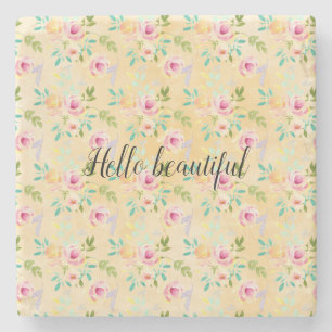 Girly Pink Yellow Floral Stone Coaster