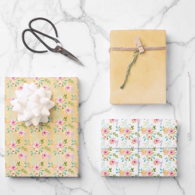 Girly Pink Yellow Floral Wrapping Paper Sheet (Front)