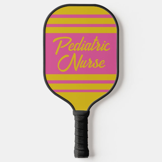 Girly Pink Yellow Striped Pediatric Nurse  Pickleball Paddle (Front)