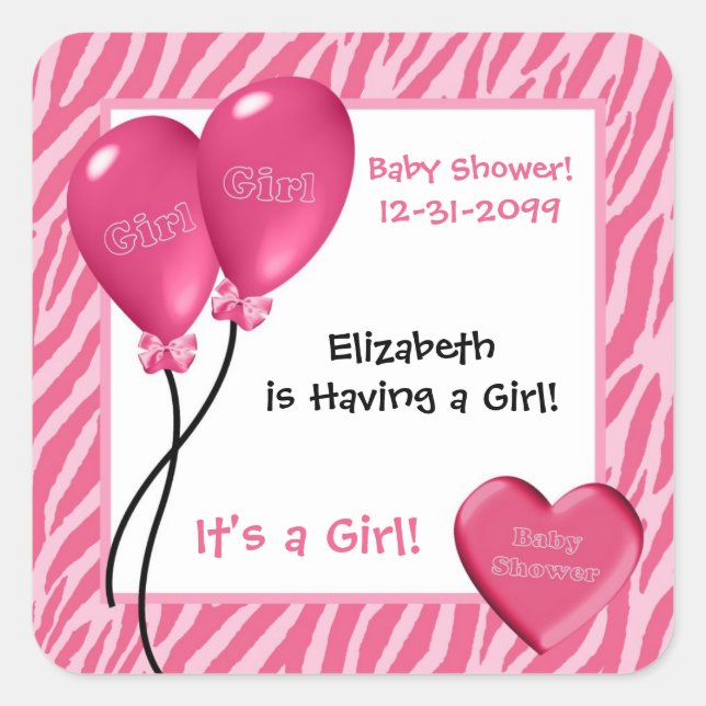 Girly Pink Zebra Print Girl Baby Shower Square Sticker (Front)