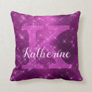 Girly Plum Purple Chic Glam Sparkle Monogram Name Throw Pillow
