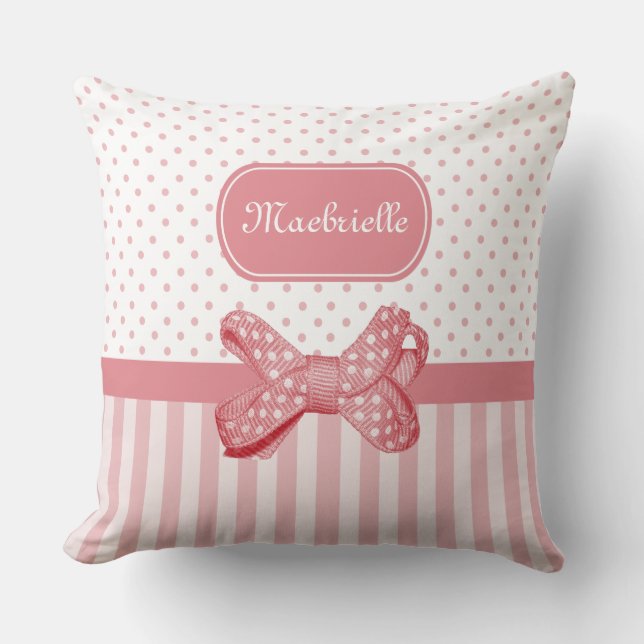 Girly Polka Dot Bow Cute Pink Stripes With Name Throw Pillow (Front)