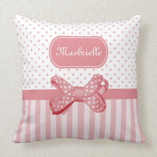 Girly Polka Dot Bow Cute Pink Stripes With Name Throw Pillow