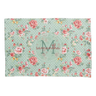 Girly Polka Dot Vintage Floral Pattern Monogram Pillowcase