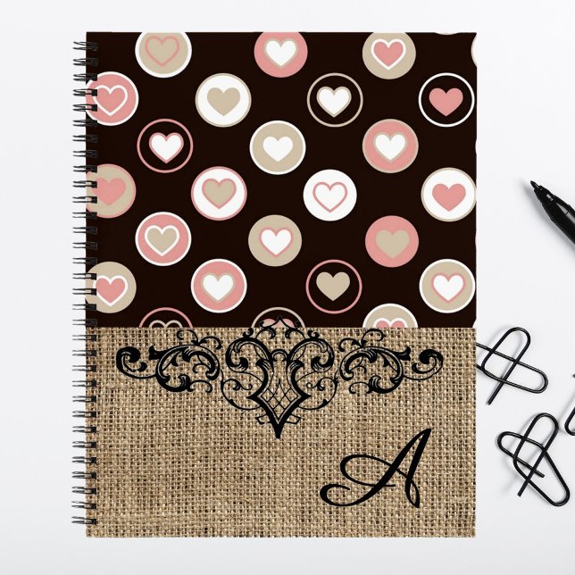 Girly Polka Dots and Burlap Pattern With Monogram Notebook (Creator Uploaded)