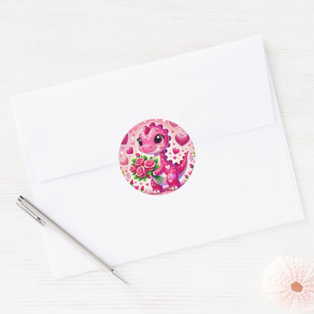 Girly Pop Dinosaur Classic Round Sticker (Envelope)