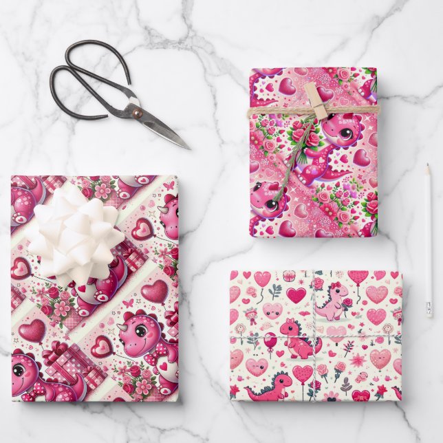 Girly Pop Dinosaur Valentine's Day Wrapping Paper Sheet (Front)