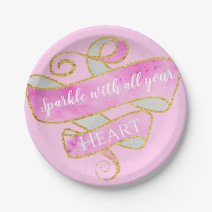 Girly Pretty Blush Pink Gold Glitter Sparkle Heart Paper Plate