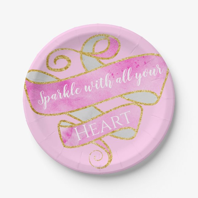 Girly Pretty Blush Pink Gold Glitter Sparkle Heart Paper Plate (Front)