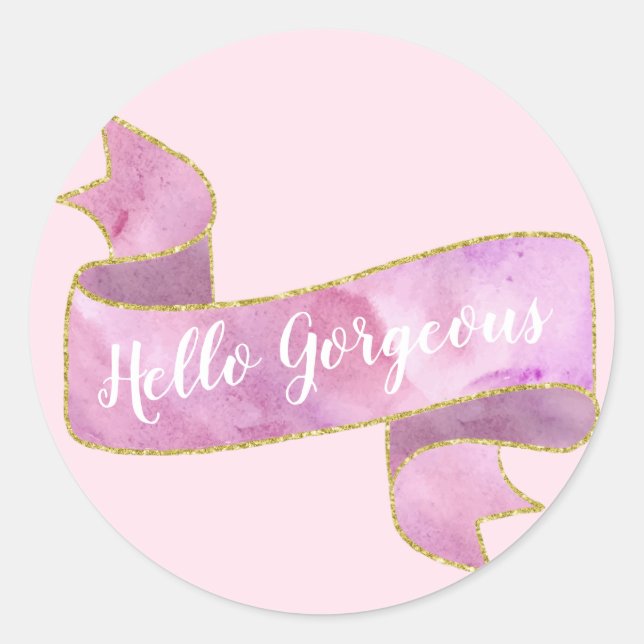 Girly Pretty Blush Pink Hello Gorgeous Gold Ribbon Classic Round Sticker (Front)