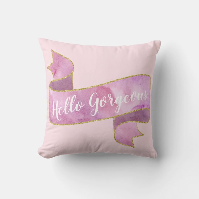 Girly Pretty Blush Pink Hello Gorgeous Gold Ribbon Throw Pillow (Front)