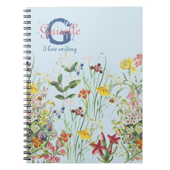 Girly Pretty Botanical Floral Herbal Name Monogram Notebook (Front)