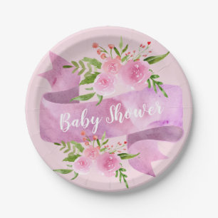 Girly, Pretty, Chic, Floral Blush Pink Baby Shower Paper Plate