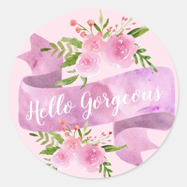 Girly Pretty Chic Floral Blush Pink Hello Gorgeous Classic Round Sticker (Front)