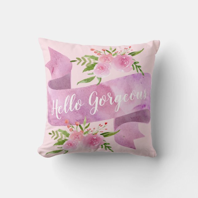 Girly Pretty Chic Floral Blush Pink Hello Gorgeous Throw Pillow (Front)